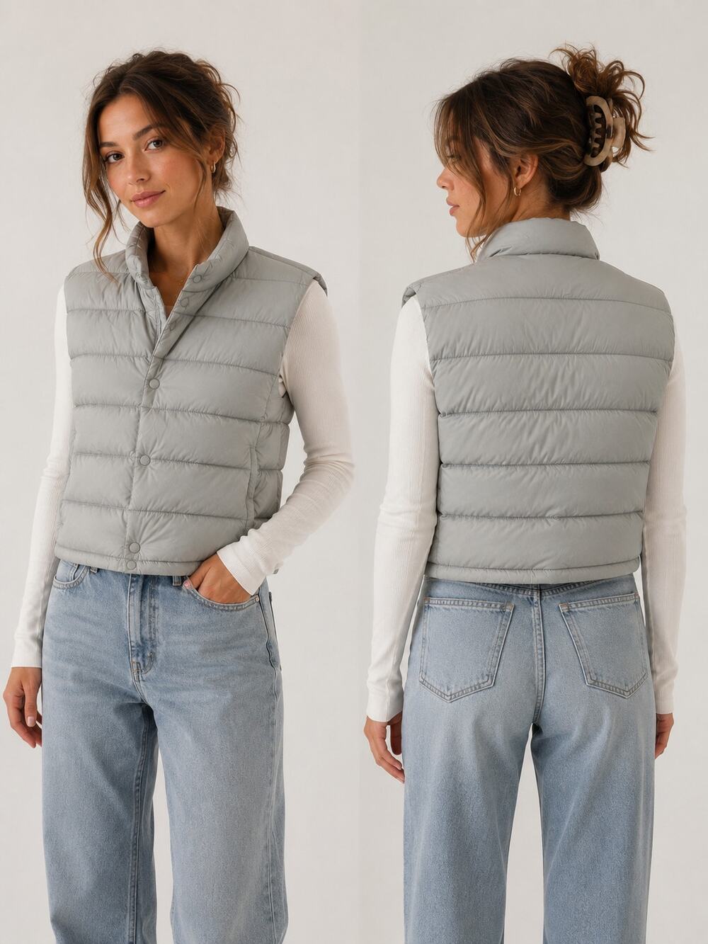 Giordano Light Down Vest Medium Gray Puffer Lightweight Snap Front Unisex